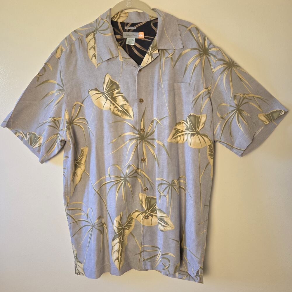 Quiksilver Waterman Men's M 100% Silk Short Sleeve Tropical Palm Camp Shirt Blue